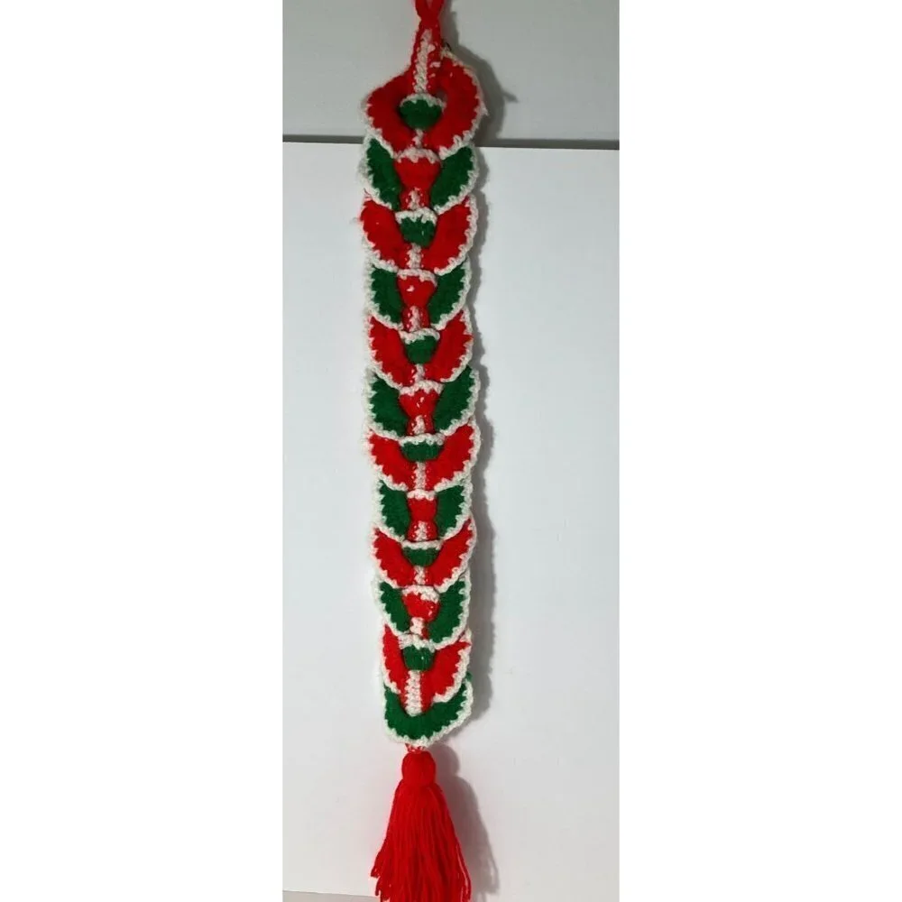 Vintage 60s Handmade Crocheted Santa Bell Wall Hanger Red‎ Green Tassle 4 x 31